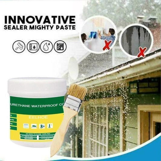 Urethane waterproof coating with a brush and a container on a snowy roof background.