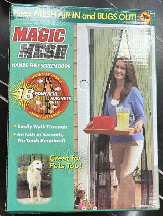 Magic Mesh screen door packaging with a woman and dog on a patio