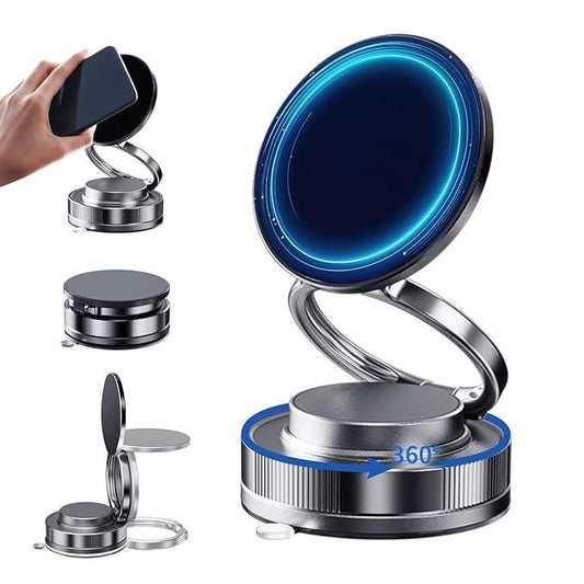 360-degree rotating phone stand with blue light on a white background