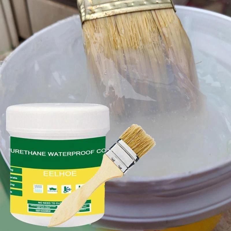 Jar of urethane waterproof coating with a brush in front of a bucket