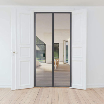 Modern interior door with glass panels in a minimalistic room.