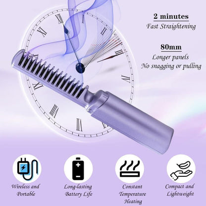 Hair straightening tool with features highlighted on a purple background
