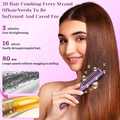 Woman using a purple hair straightening comb with text on a pink background