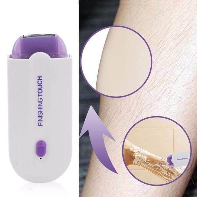 Purple and white hair removal device with close-up of use on skin