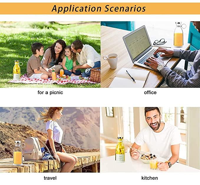 Illustration of a bottle with various application scenarios including picnic, office, travel, and kitchen.