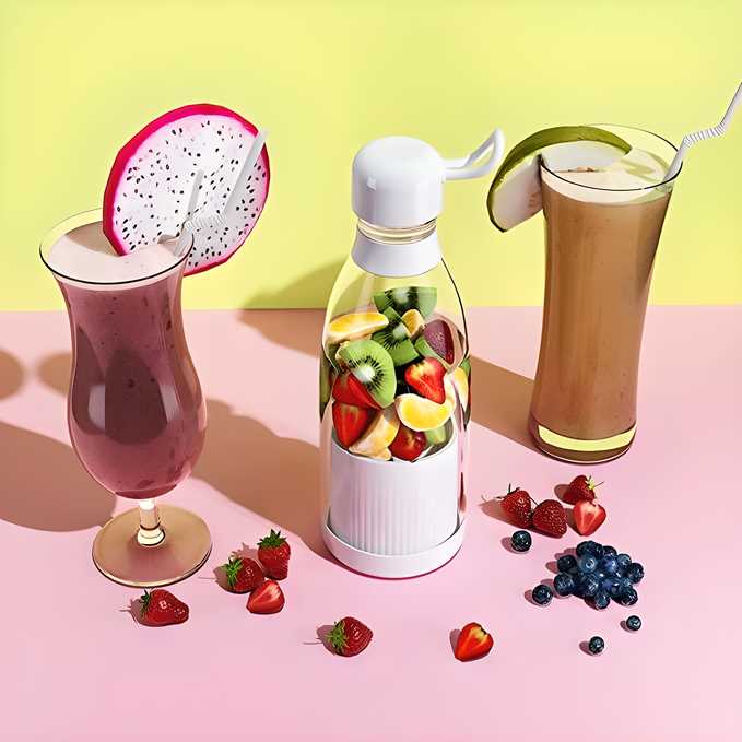 Fruit-infused drink bottle with fruits inside, surrounded by glasses of fruit-themed drinks on a colorful background.