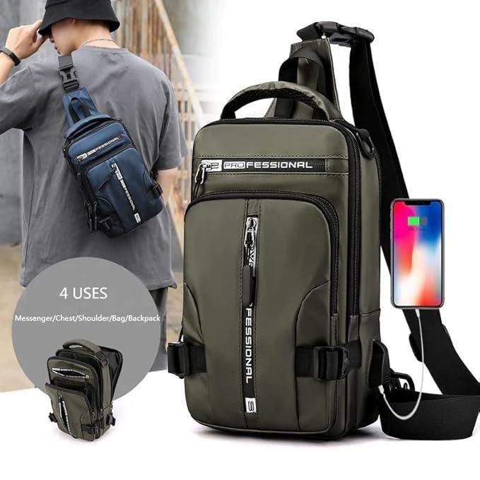 Green backpack with multiple straps and a phone on a white background
