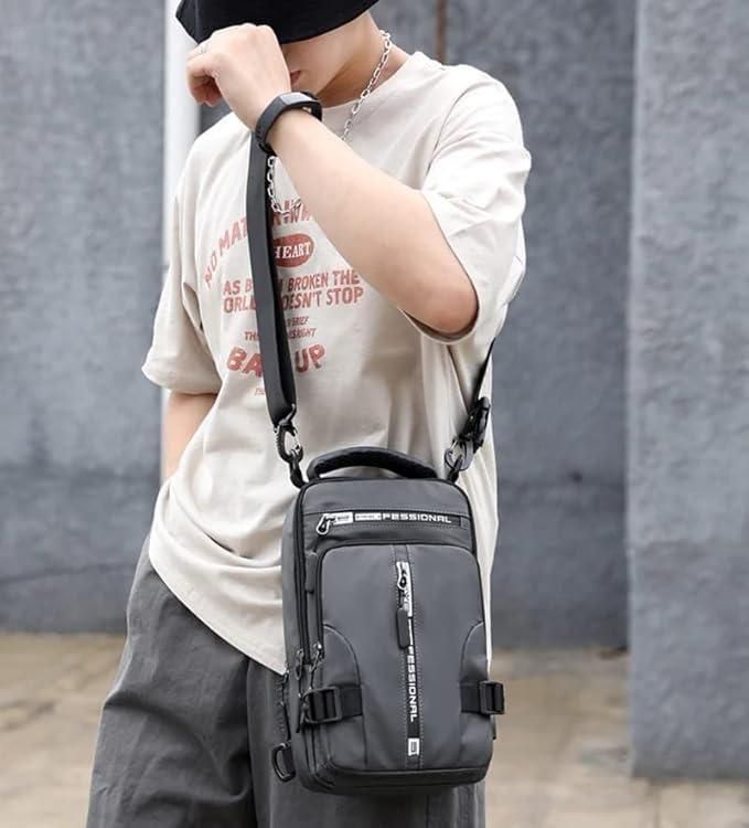Person wearing a gray shoulder bag with 'Professional' branding against a plain background