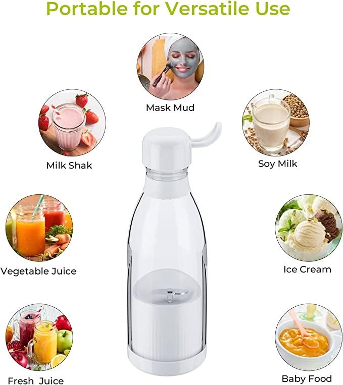 Portable blender bottle with various food items it can be used for, including mask mud, milkshake, soy milk, vegetable juice, ice cream, and baby food.