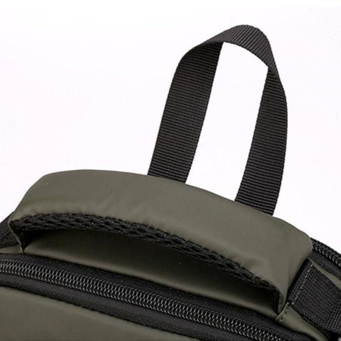 Close-up of a green backpack with a black strap on a white background