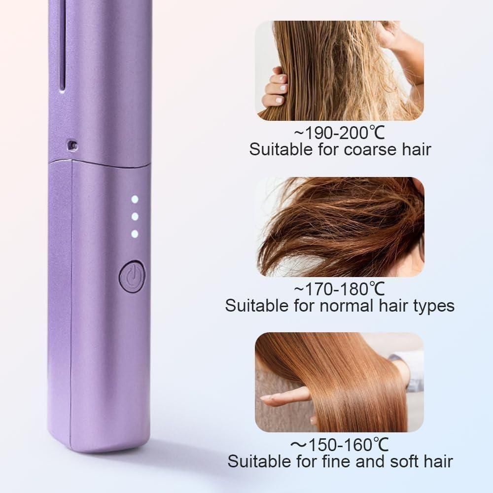 Purple hair straightener with temperature settings for different hair types on a white background