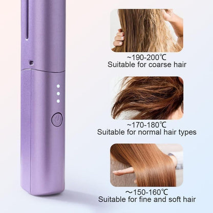 Purple hair straightener with temperature settings for different hair types on a white background