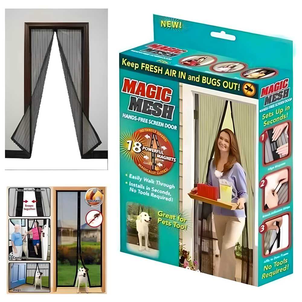 Magic Mesh screen door with packaging and usage illustrations