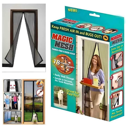 Magic Mesh screen door with packaging and usage illustrations