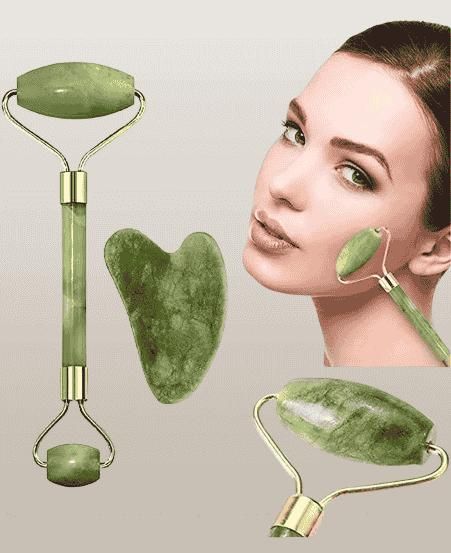 Green jade roller and gua sha tool with a woman using them on her face.