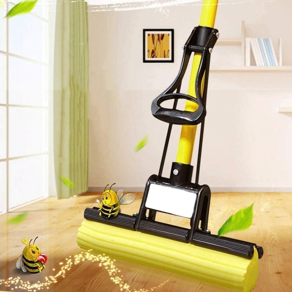 Yellow and black cleaning tool with cartoon bees on a wooden floor.