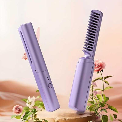 Purple hair straightener with comb attachment on a light background with flowers.