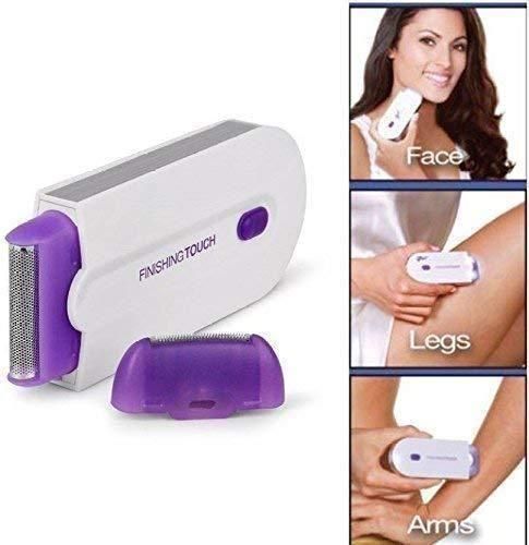 Hair removal device with attachments and usage examples on a white background