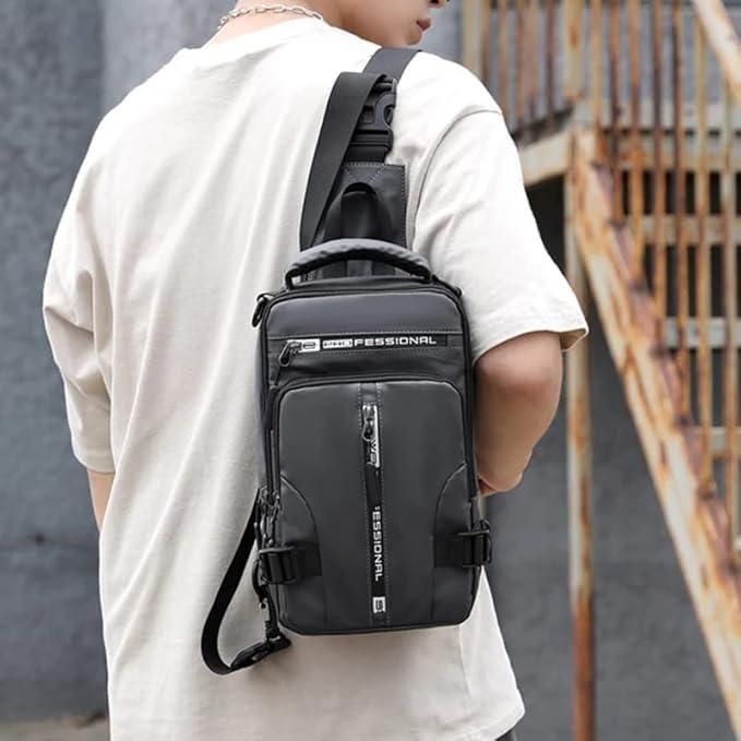 Person wearing a black sling bag with 'PROFESSIONAL' branding against a blurred background