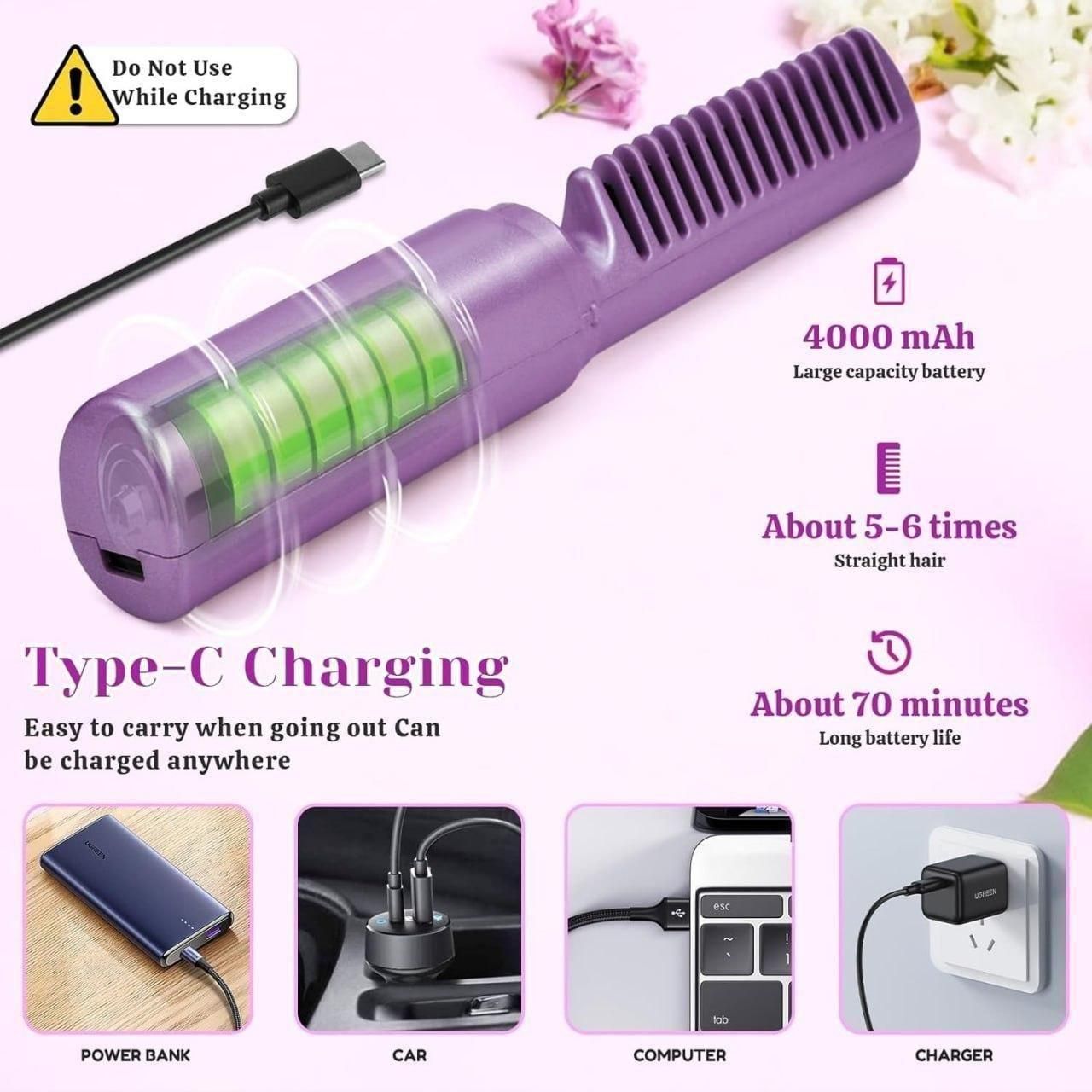 Purple hair straightener with charging cable and battery information on a light pink background