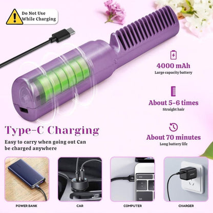 Purple hair straightener with charging cable and battery information on a light pink background
