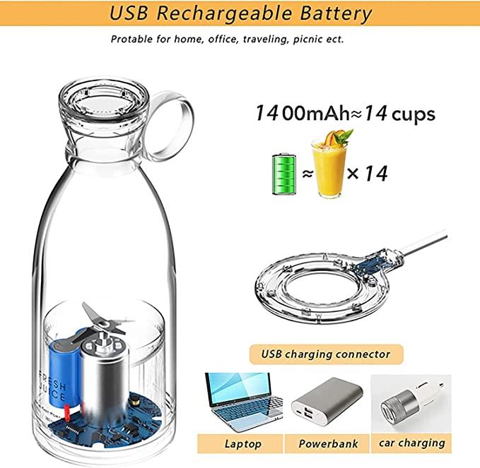 Glass carafe with USB charging connector and battery information on a white background
