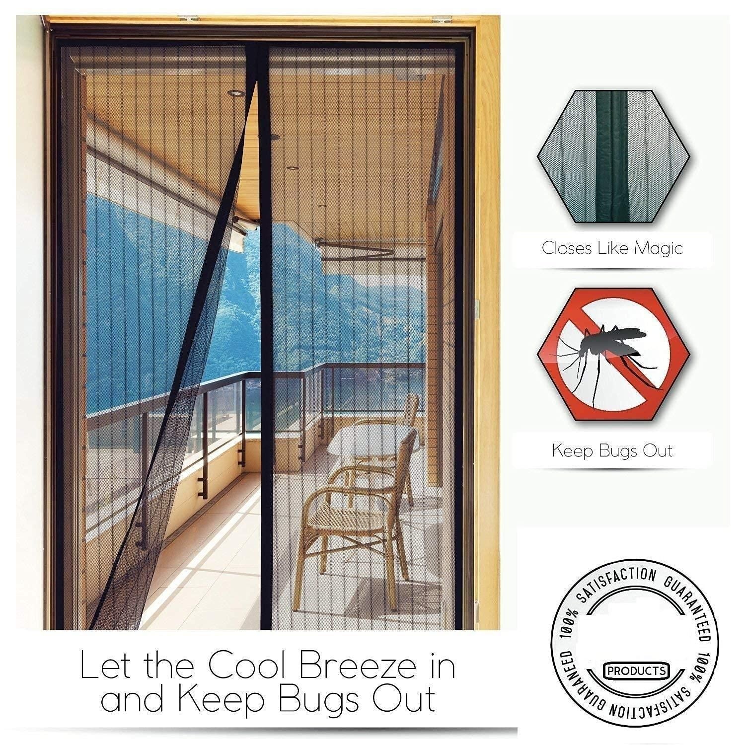 Magnetic screen door with a view of a balcony and mountains, featuring text about keeping bugs out.