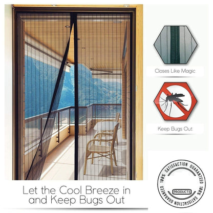 Magnetic screen door with a view of a balcony and mountains, featuring text about keeping bugs out.