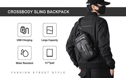 Person wearing a black crossbody sling backpack with features listed on the left.