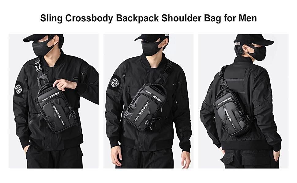 Sling crossbody backpack shoulder bag for men displayed on a person in three different views.