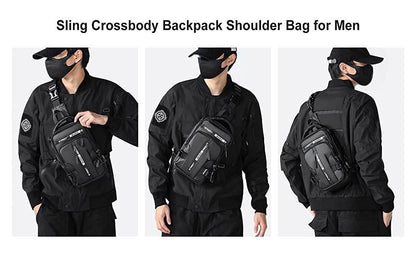 Sling crossbody backpack shoulder bag for men displayed on a person in three different views.