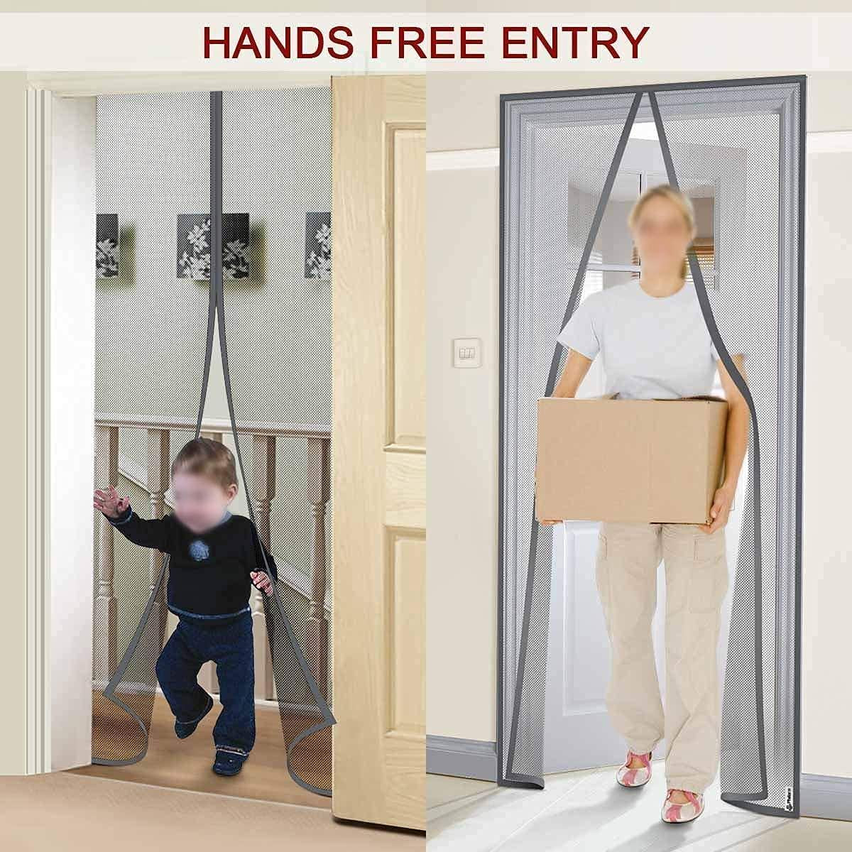 Hands-free entry system with a child and a person using it in a home setting.