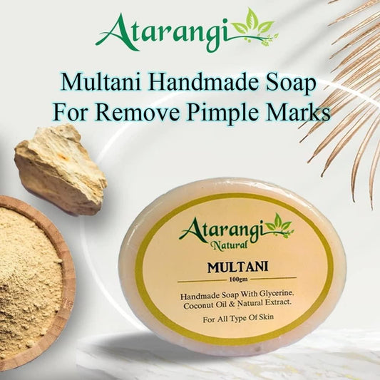 Atarangi Multani handmade soap with ingredients and packaging details on a white background