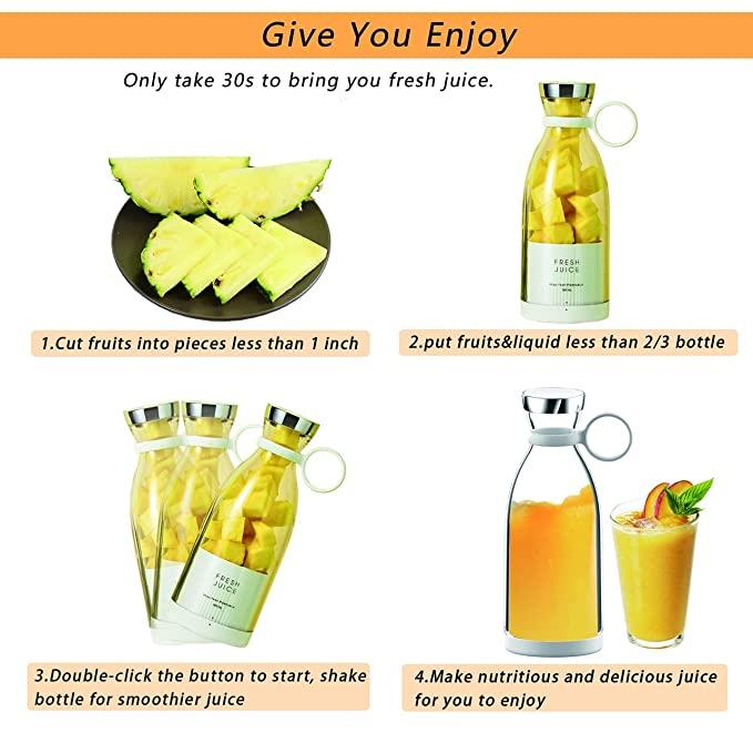 Instructions for making fresh juice using a fruit-infused water bottle with images of pineapple, bottle, and juice.