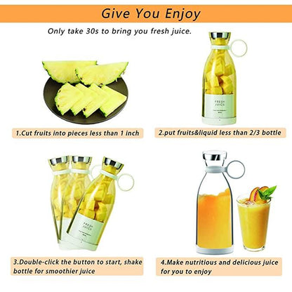Instructions for making fresh juice using a fruit-infused water bottle with images of pineapple, bottle, and juice.
