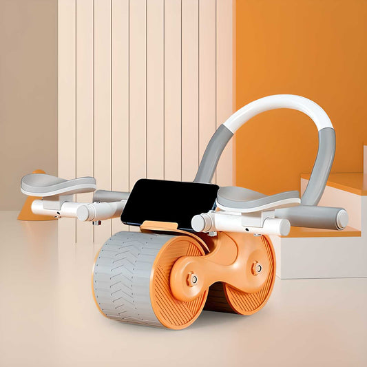 Orange and gray exercise device with a phone holder on a beige background