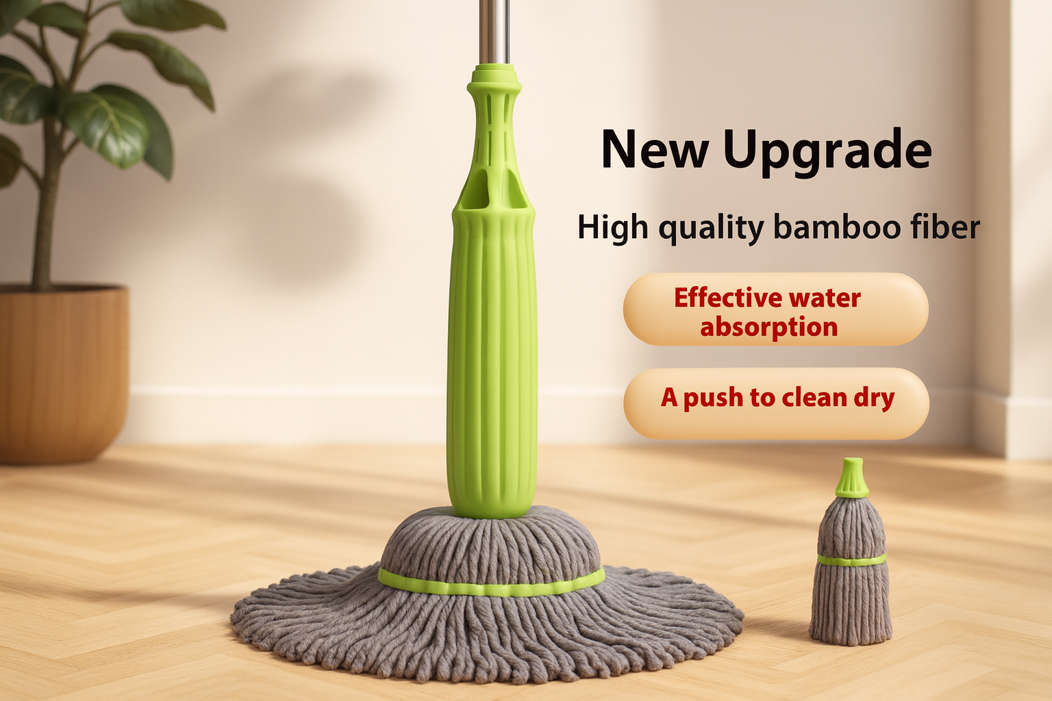 Green mop with gray head on a wooden floor, featuring text about high-quality bamboo fiber and water absorption.