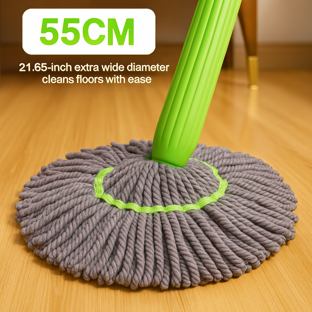 Gray mop head with green handle on a wooden floor, labeled '55CM' and '21.65-inch extra wide diameter'.