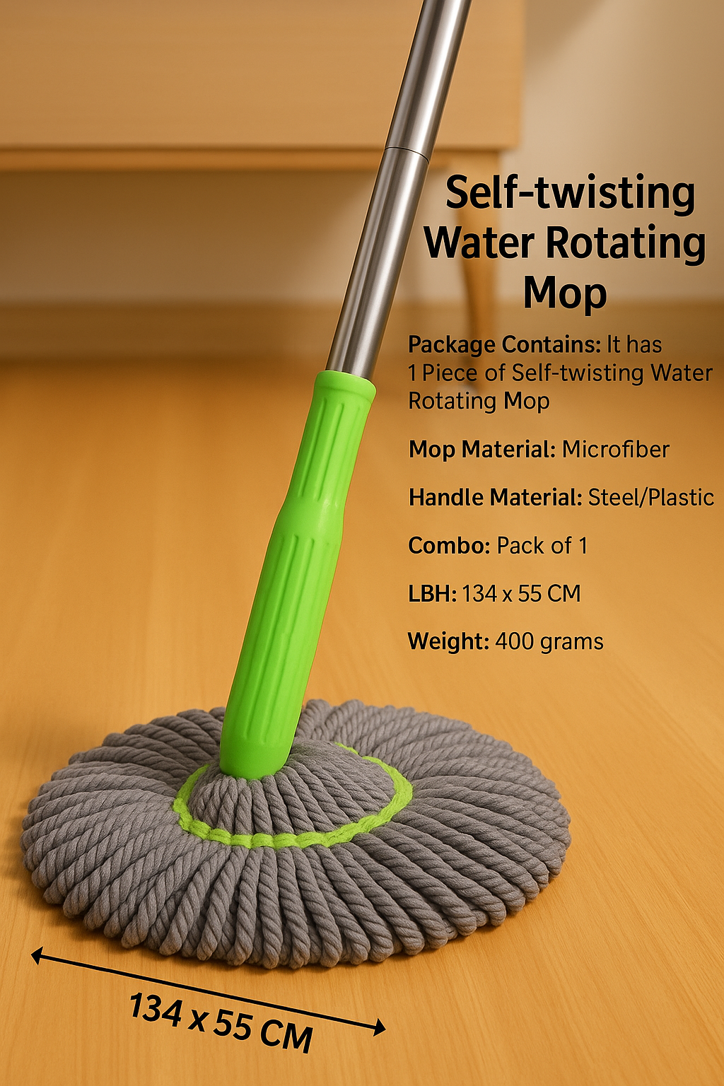 Self-twisting water rotating mop with green handle on a wooden floor