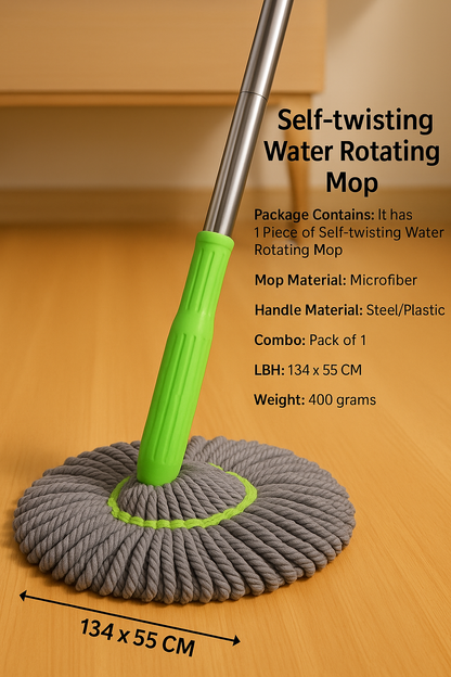 Self-twisting water rotating mop with green handle on a wooden floor