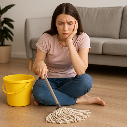 Woman sitting on the floor with a mop and yellow bucket, looking stressed.