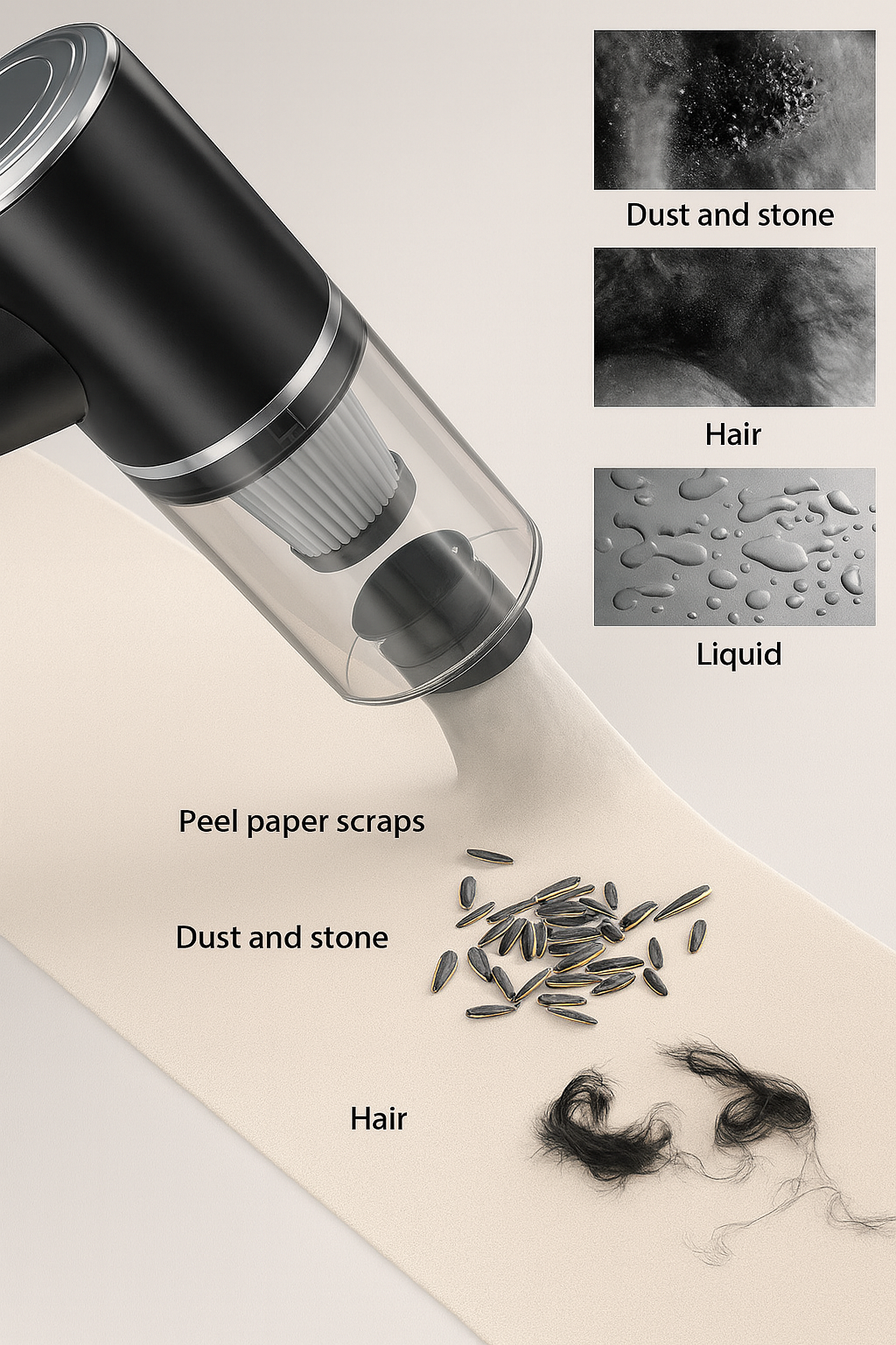 Black handheld vacuum cleaner with collected debris on a beige surface