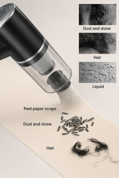 Black handheld vacuum cleaner with collected debris on a beige surface