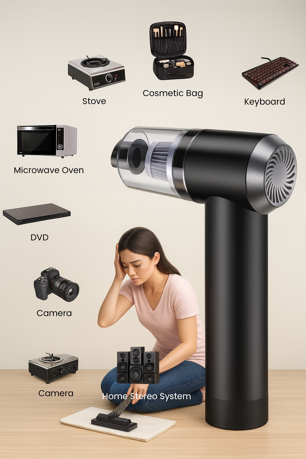 Black handheld vacuum cleaner with various items it can clean displayed around it on a beige background.