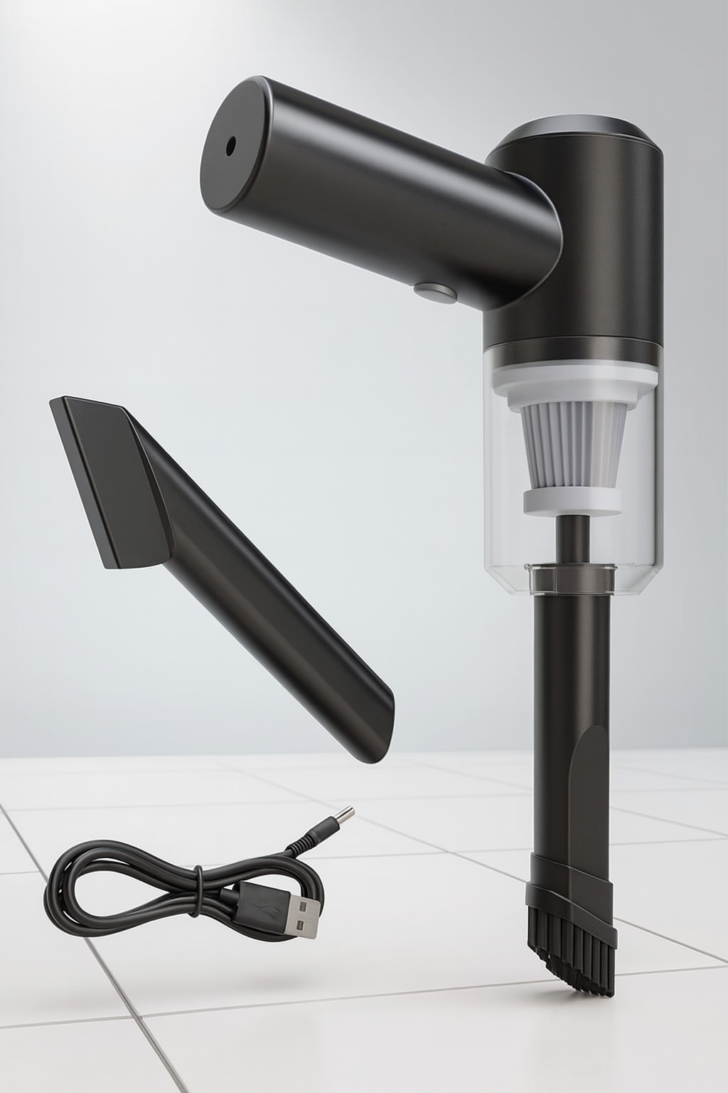 Black handheld vacuum cleaner with attachments on a white background