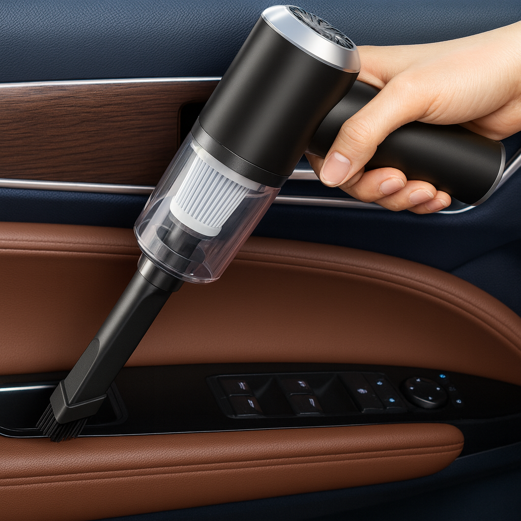 Hand holding a black handheld vacuum cleaner inside a car.