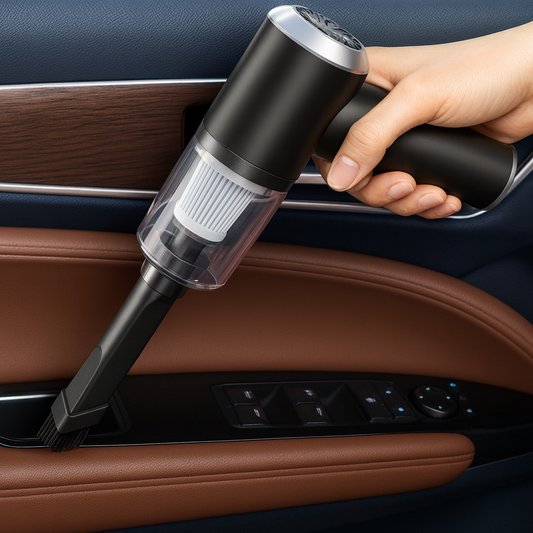 Hand holding a black handheld vacuum cleaner inside a car.
