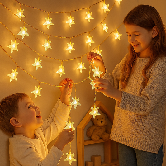 Two children playing with star-shaped string lights in a warm indoor setting.